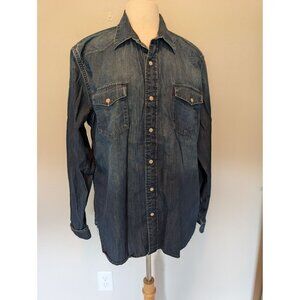 Lucky Brand Pearl Snap Denim Shirt Mens Large Blue Western Rodeo Cowboy Chambray